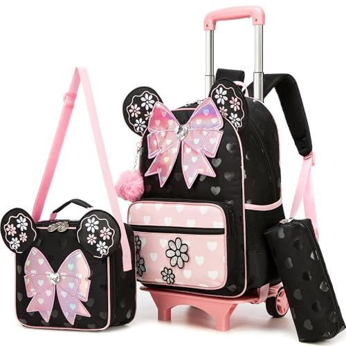 Meetbelify Girls Rolling Backpack with Wheels Kids Wheels Backpack for Girls - color: Bowknot Pink