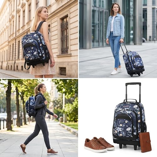 20" 2-in-1 Rolling Backpack,Backpack for Travel w/Wheels | Trolley Suitcase w/Telescopic Handle,Lightweight,Durable, Travel-Friendly, Unisex,2561-20''-Blue Lilies - color: JH-2561-Blue Lilies-20