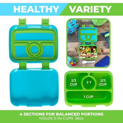 kinsho Bento Lunch Box and Insulated Bag, Water Bottle & Ice Pack Set for Kids Toddlers, 4 Portion Sections, Removable Tray, Pre - School Kid Toddler Daycare, Snack Container, Robot - color: Robot Set