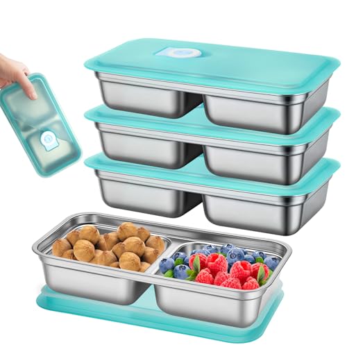 3 Pack Leakproof Stainless Steel Snack Containers with Secure Sealed Lids, Reusable 2 Compartment Bento Boxes for Lunch Prep, Travel, School & Office Stainless Steel Lunch Box
