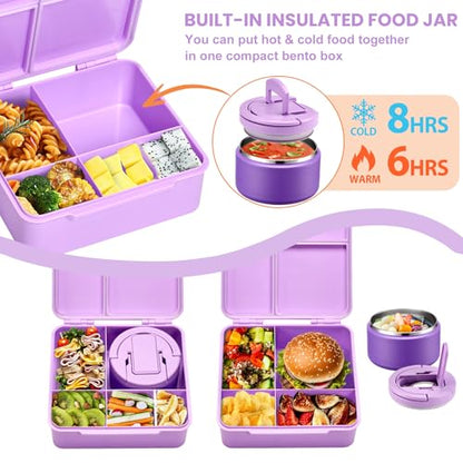 Bento Lunch Box for Kids with 8oz Soup Thermo,Kids Leakproof Lunch Food Containers with 4 Compartment,Kid Insulated Thermo Hot Food Jar for School,Trvael-Purple - color: Purple