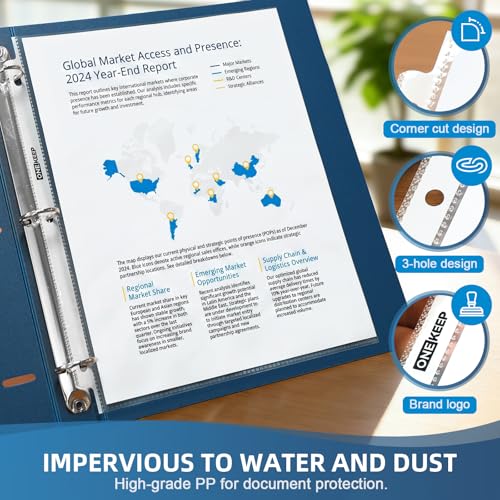 100 Pack Sheet Protectors, Top Loading Reinforced 3-Hole Page | Protectors for 3-Ring Binders, Fits Standard 8.5" x 11" Letter Size Paper, Perfect for Documents & Photos, Office Supplies