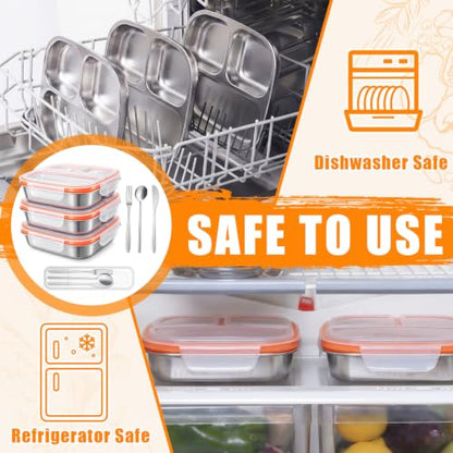 36 Pcs Stainless Steel Snack Container Set with Fork, Knife, Spoon & Chopsticks – 6 Pack 20.3 oz Leakproof Bento Snack Boxes, 2-compartment Food Storage Container for Fruit, Meal Prep & Travel - style: 3-compartments
