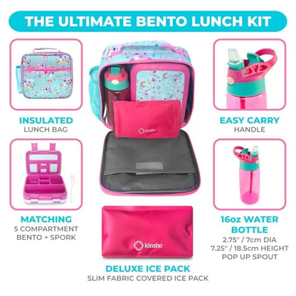 kinsho Bento Lunch Box with Water Bottle, Insulated Bag & Ice Pack Set for Kids Toddlers Girls, 4 Portion Sections, Removable Tray, Pre-School Kid Toddler Daycare Lunches, Snack Container, Pink Koala - color: Koala Set