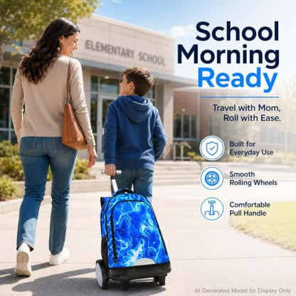 3Pcs Large Rolling Backpack for Boys, 20 Inch Detachable Wheeled Bookbag with Lunch Box, Durable Lightning Soccer Roller Backpack for Elementary Middle School (Blue) - color: Large Wheels Soccer Blue
