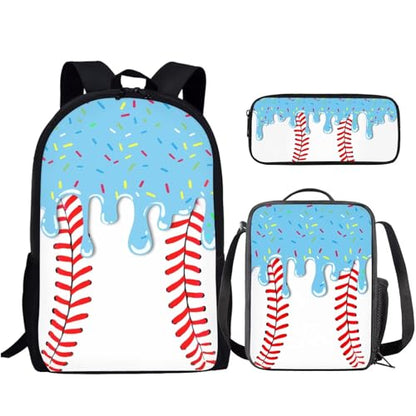 Baseball Backpack School Set 3Pcs with Lunch Box Pencil Case Sports Bookbag Back Pack with Compartments Portable Lunch Bag for Elementary School Students - color: Baseball-a