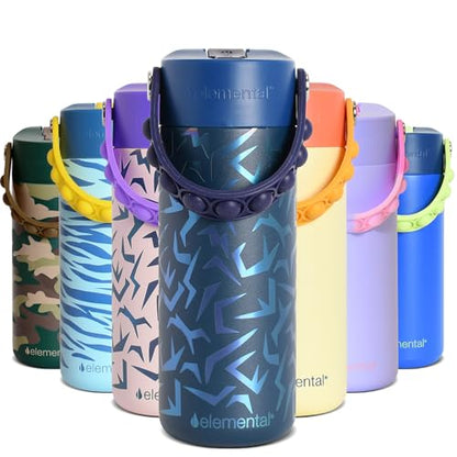 Elemental Insulated Kids Water Bottle, Stainless Steel Water Bottle with Straw Lid & Pop-It Handle, Leak-Proof Water Bottles for School, Boys or Girls, Travelling and Sports, 18oz - Dark Patterns - color: Dark Patterns