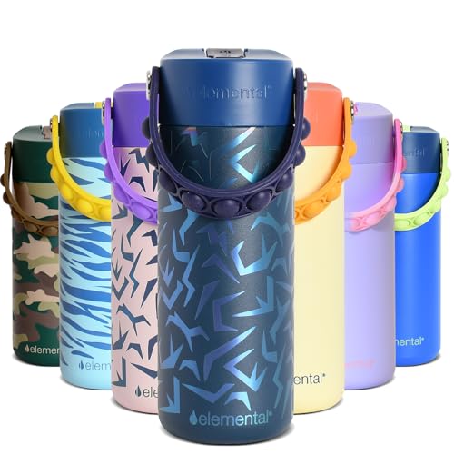 Elemental Insulated Kids Water Bottle, Stainless Steel Water Bottle with Straw Lid & Pop-It Handle, Leak-Proof Water Bottles for School, Boys or Girls, Travelling and Sports, 18oz - Dark Patterns - color: Dark Patterns