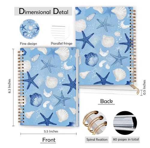 XUNLURY Blue and White Seashell Beach Notebook, Coastal Ocean Journal, Beachy Starfish Journal, Gifts for Beach Lovers, Marine Biology Hardcover Spiral Notebook, 5.5x8.3 Inch - color: Color_7