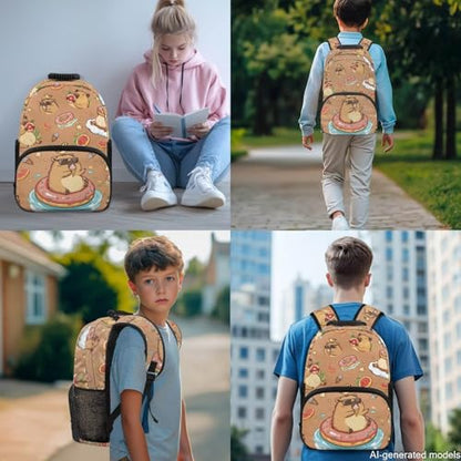 17 Inch Kid's 4PCS Backpack Set, Back to School Essentials | Insulated lunch box, water bottle pouch, pencil case, lightweight, padded shoulder straps, for elementary, middle school - color: Cute Capybara