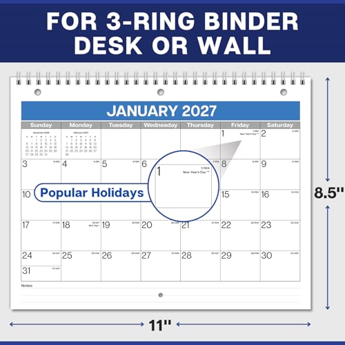 Dunwell 2026-2027 Calendar for 3 Ring Binder - 8.5x11, Jul. 2026 to Dec. 2027, 18 Months Desk Calendar with Premium Paper, 3-Hole Calendar for Office, School, 8.5" x 11" Planner Hanging on Wall
