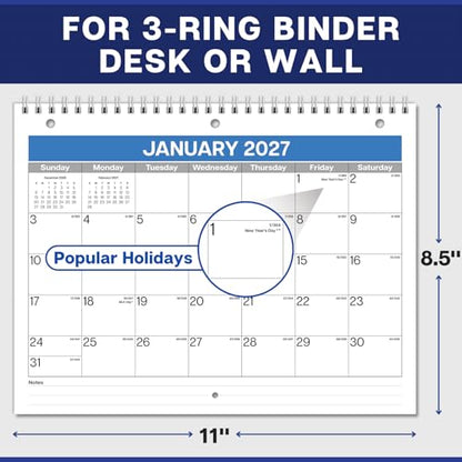 Dunwell 2026-2027 Calendar for 3 Ring Binder - 8.5x11, Jul. 2026 to Dec. 2027, 18 Months Desk Calendar with Premium Paper, 3-Hole Calendar for Office, School, 8.5" x 11" Planner Hanging on Wall