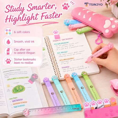 24Pcs Cute Stationery Set W Paper Clips Stapler Scissors Sticky Notes Eraser Ruler Sharpener Pencil Case Highlighter Correction Tape Desk Accessories for School Office Supplies