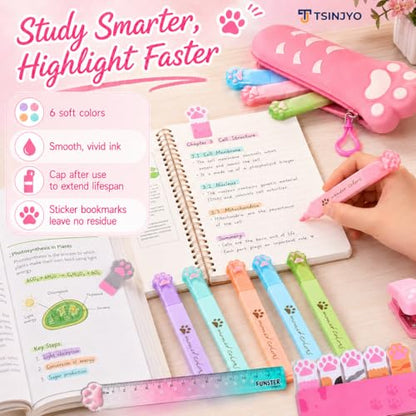 24Pcs Cute Stationery Set W Paper Clips Stapler Scissors Sticky Notes Eraser Ruler Sharpener Pencil Case Highlighter Correction Tape Desk Accessories for School Office Supplies