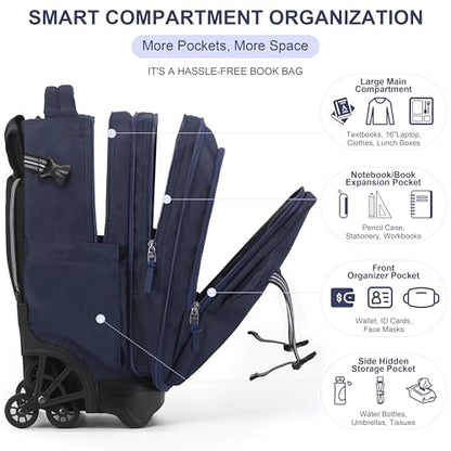 NEW TILAMI 18 Inch Expandable Rolling Backpack with 6-Wheel Stair Climbing, Waterproof Wheeled School Bag with 15.6" Laptop Sleeve for Boys Girls, Carry-on Luggage 98cm Dual-Height Handle - Navy Blue - color: Navy Blue