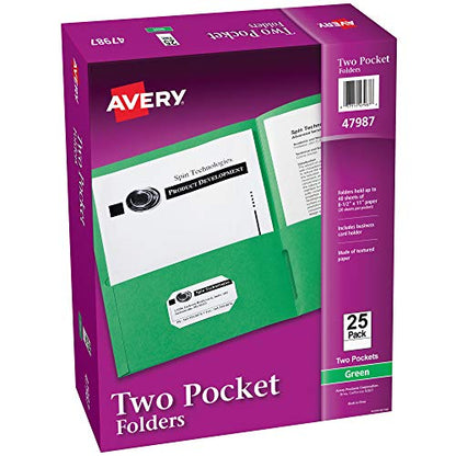 Avery Two Pocket Folders, Holds up to 40 Sheets, Business Card Slot, 25 Green Folders (47987) - style: 40 folders