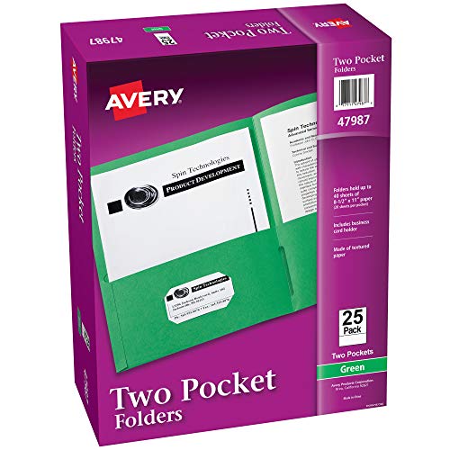 Avery Two Pocket Folders, Holds up to 40 Sheets, Business Card Slot, 25 Green Folders (47987) - style: 40 folders