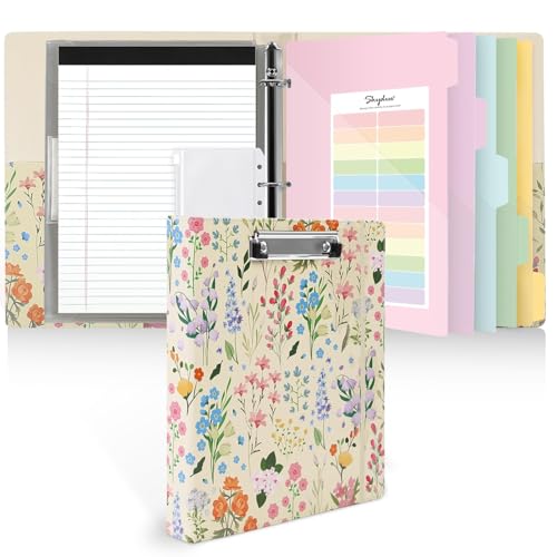 SKYDUE 1 Inch 3-Ring Binder with Clipboard, PU Aesthetic Binder with 5 Dividers, Notepad, Stickers & Pockets for Work and School (Letter Size) - color: Floral Beige