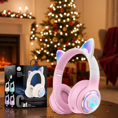 Cat Ear Kids Headphones, Bluetooth 5.0, Safe Volume, LED, Pink | Bluetooth 5.0, 85dB safe volume limit, cat ear LED lights, foldable, built-in mic, TF card slot, ideal for ages 3-12. - color: 7