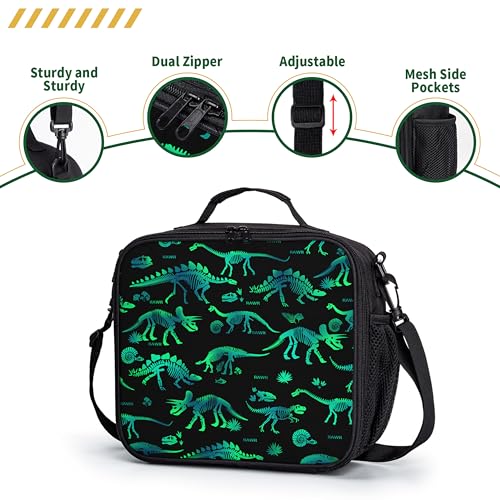 Dinosaur Lunch Box Dino Lunch Bag for Boys Kids Dinosaur Skeleton Printed Lunchbox Insulated Thermal Lunch Tote Bag with Water Bottle Holder for School Picnic - color: Dino