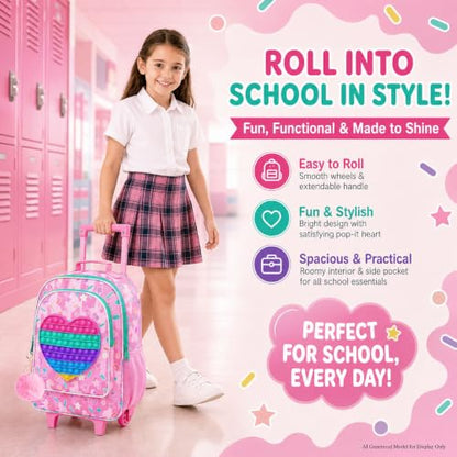 WZLVO 4PCS Love Rolling Backpack for Girls - Cute Wheeled School Set with Lunch Box,Water Resistant Roller School Backpack on Wheels for Elementary Kids Travel - color: Girls Rolling Backpack - Popular Heart