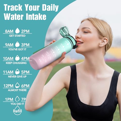 OLDLEY Water Bottle, 32oz Motivational Sports Water Bottle with Time Marker - Times to Drink - Tritan, BPA Free, Wide Mouth Leakproof,Bubble Gum - color: Bubble Gum