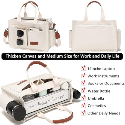 ZHMO Canvas Tote Bag for Women,Women's Bags Crossbody Bags Work Laptop Tote Bag Large Handbags Purse for Travel Nurse Teacher - color: New Upgrade White With Compartments and Side Cup Holders