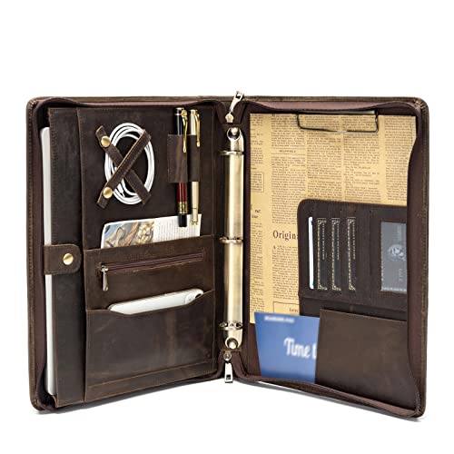 YIWEN Handmade Leather Portfolio with Handle, 3 Ring Binder, Zippered Padfolio for 13" Tablet, 8.5 x 11 Notepad, Professional Business Document Organizer (Dark Khaki, Crazy Horse Leather) - color: Dark Khaki, Crazy Horse Leather, size: Standard