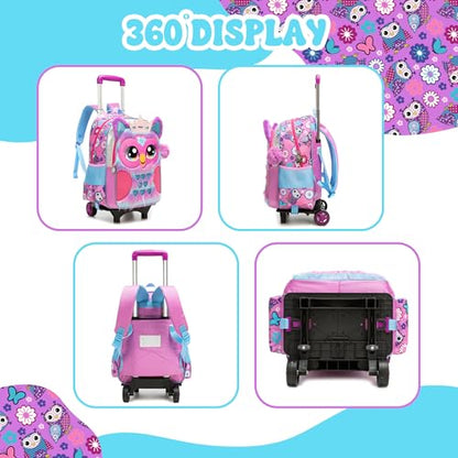 Meetbelify Girls Cute Backpack with Wheels for Elementary Students Kids Black Travel Luggage - color: Owl