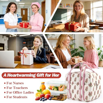 Aesthetic Corduroy Insulated Lunch Bag for Women, Floral Block Print Lunch Box with Pocket, Spacious Boho Reusable Cooler Tote for Work, School, Nurse Gift & Picnic, Leakproof (Pink White)