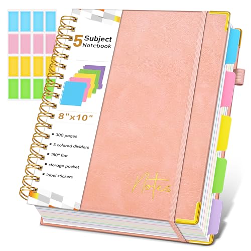 5 Subject Graph Paper Notebook with Removable Dividers Tabs, 300 Pages Hardcover Leather Grid Spiral Journal, 8"x10" B5 Large Graphing Notebooks for Women Men Work School College Engineering, Pink - color: Pink, size: B5-Sized Grid Pages