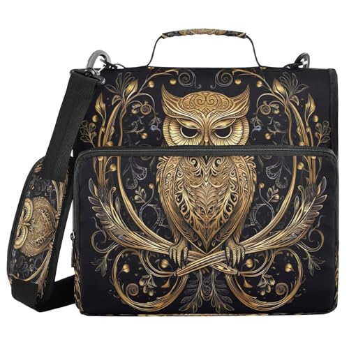 Gold Owl Zipper Binder 3 Ring with Shoulder Strap and Handle Multiple Pockets Expanding File Folder Organizer
