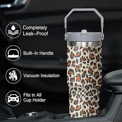 Queen Hero 30 oz Leopard Tumbler with Handle, Large Insulated Tumbler with Flip & Straw Coffee Mug Cup Stainless Steel Gifts for Women Men Youth - color: Leopard