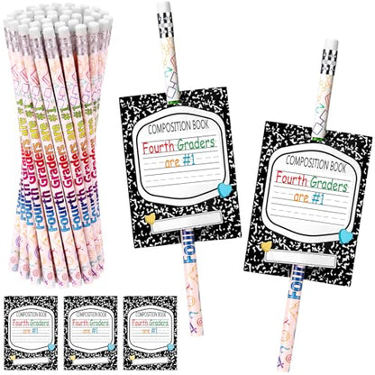 Tenceur 24 Set/48 Pcs Back to School 4th Graders Pencils and Cards Set, Fourth Grade Motivational Wooden Pencil with Erasers, Composition Book Greeting Note for Student Classroom Reward Gift - style: 4th Graders
