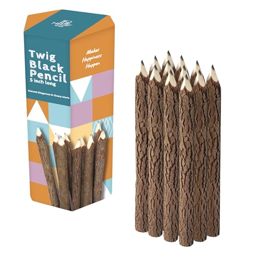 BSIRI Natural Twigs Wooden Pencils Handcrafted Suitable for Kids and Teachers For Woodland Bark Decorations Party Wood Gifts Twig Stick Pencils Vintage Favors Supplies for Classroom - style: Octa Gift Box