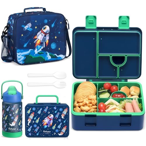 rockpapa Kids Lunch Box Set with 14oz Insulated Water Bottle & Lunch Bag, Leakproof 5.5 Cups Bento Box for School & Children, BPA-Free, Microwave Safe for Boys Girls (Blue Rocket) - color: Blue Rocket