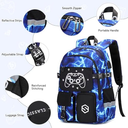 Scothen Boys Backpack, Cool Luminous School Backpacks for Boys with Lunch Bag Pencil Case, Kids Backpack Kindergarten Elementary Middle School Book Bags for Teen Boy Children with USB Charging Port - color: Lightning-blue