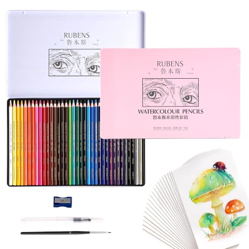 rubens 59 PCS Artist Watercolor Pencils Kit for Adult Drawing | 36 Colors Soft Core Watercolor Pencils In Metal Box with Brush, Water Brush Pen, Sharpener, 20 Sheets Hot Pressed Papers - size: 1 Count (Pack of 59)