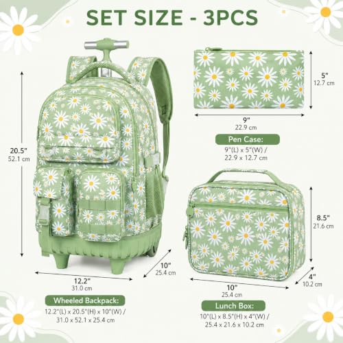 WZLVO 3PCS Roller Backpack, Water Resistance Girls Rolling Bookbag with Wheels, Women Aesthetic Wheeled School Bag, Set with Lunch Bag & Pencil Bag for Teens & Kids - Green Chrysanthemum - color: 3pcs Girls Rolling Backpack - Green Chrysanthemum
