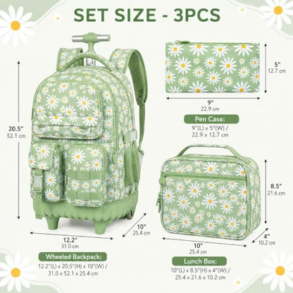 WZLVO 3PCS Roller Backpack, Water Resistance Girls Rolling Bookbag with Wheels, Women Aesthetic Wheeled School Bag, Set with Lunch Bag & Pencil Bag for Teens & Kids - Green Chrysanthemum - color: 3pcs Girls Rolling Backpack - Green Chrysanthemum