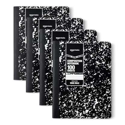 Amazon Basics Composition Notebook, Wide Ruled, 100 Sheets, 9.75" x 7.5", Marble Black, Sturdy Cover with Conversion Charts, for School, Home, and Office Use, 4-Pack - color: Marble Black, size: Wide Ruled,4-pack