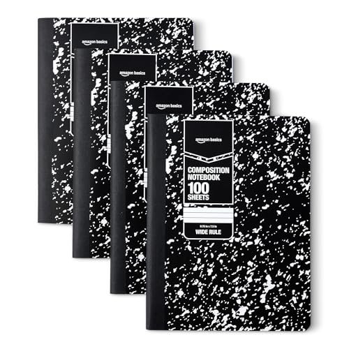 Amazon Basics Composition Notebook, Wide Ruled, 100 Sheets, 9.75" x 7.5", Marble Black, Sturdy Cover with Conversion Charts, for School, Home, and Office Use, 4-Pack - color: Marble Black, size: Wide Ruled,4-pack