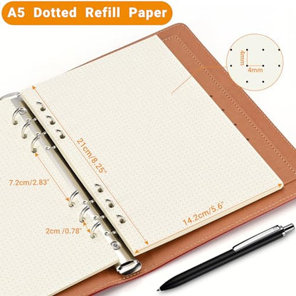 Beige A5 6-Hole Dot-Ruled Refill Paper(Pre-Punched) Fits A5 6-Ring Binder, 100GSM Thick No Bleed-through Sheets, Double Sided Writing for Fountain Pen & Gel Pen - size: Dot-A5
