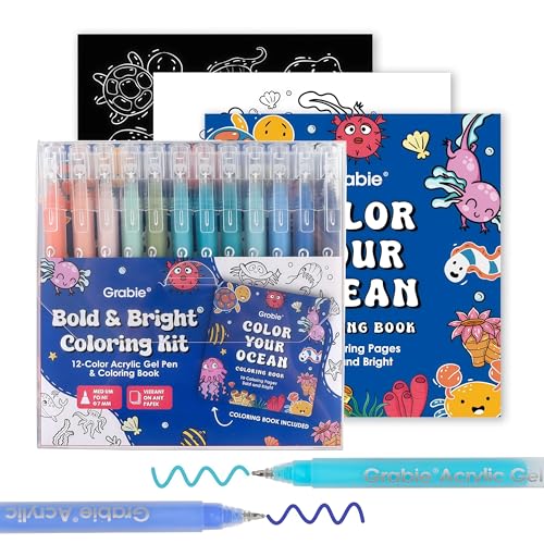 Grabie Coloring Kit, Acrylic Gel Pens Set with Coloring Book, 1.0mm Medium Tip Opaque Gel Pens for Adult Coloring Books, Drawing, Journaling, Planner, Art Supplies Gift Set of 12 Ocean Colors - color: Ocean Colors