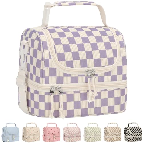 Vankor Corduroy Lunch Box Kids Insulated Lunch Bag Double Decker, Cute Leak-Proof Lunch Box for Boys Girls, Portable Cooler Lunch Bag Thermal Lunch Tote for School Picnic Travel, Purple Checkered - color: Purple Checkered