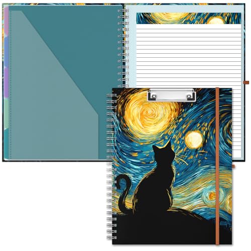 Hongri Clipboard Folio with Refillable Lined Notepad, 8.5 x 11 Folders with Storage 10 Pockets, Spiral Portfolio, Size 12.8X 9.7 in, Office & School Supplies, Van Gogh Cat - color: Van Gogh Cat