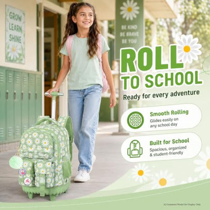 CCJPX 3Pcs Rolling Backpack for Girls, Roller Wheeled School Bookbag, Daisy Wheels Backpacks with Lunch Box for Kids (Green) - color: Daisy Green