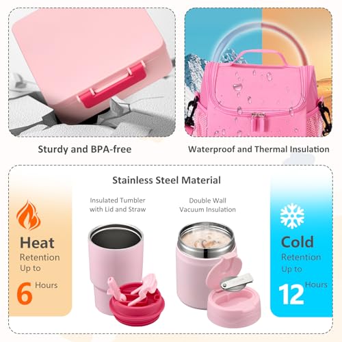 Pawtong Lunch Box Set with Bento Box Container, 17OZ Stainless Steel Food Soup Thermo, Kids Water Bottle & Portable Insulated Lunch Bag – Leakproof, Hot/Cold Retention for School, Travel(Pink) - color: Pink