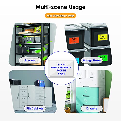IMAGAME Clear Adhesive Index Card Pockets, 5" x 7", 50 Pack | Top Open for Loading, Plastic Labels Holders, For Storage Bins and Library Card, Organizing and Protecting Cards or Photos - size: 5-5/8" x 7-5/16" for 5" x 7" Cards/Photos
