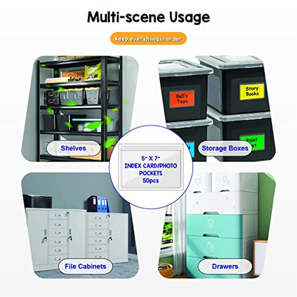 IMAGAME Clear Adhesive Index Card Pockets, 5" x 7", 50 Pack | Top Open for Loading, Plastic Labels Holders, For Storage Bins and Library Card, Organizing and Protecting Cards or Photos - size: 5-5/8" x 7-5/16" for 5" x 7" Cards/Photos